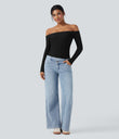 Ribbed Knit Off Shoulder Long Sleeve 2-in-1 Casual Top - Black