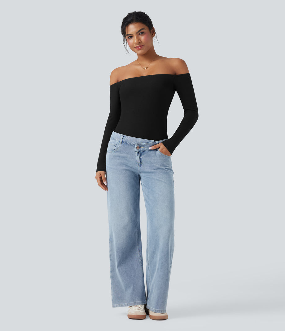 Ribbed Knit Off Shoulder Long Sleeve 2-in-1 Casual Top - Black