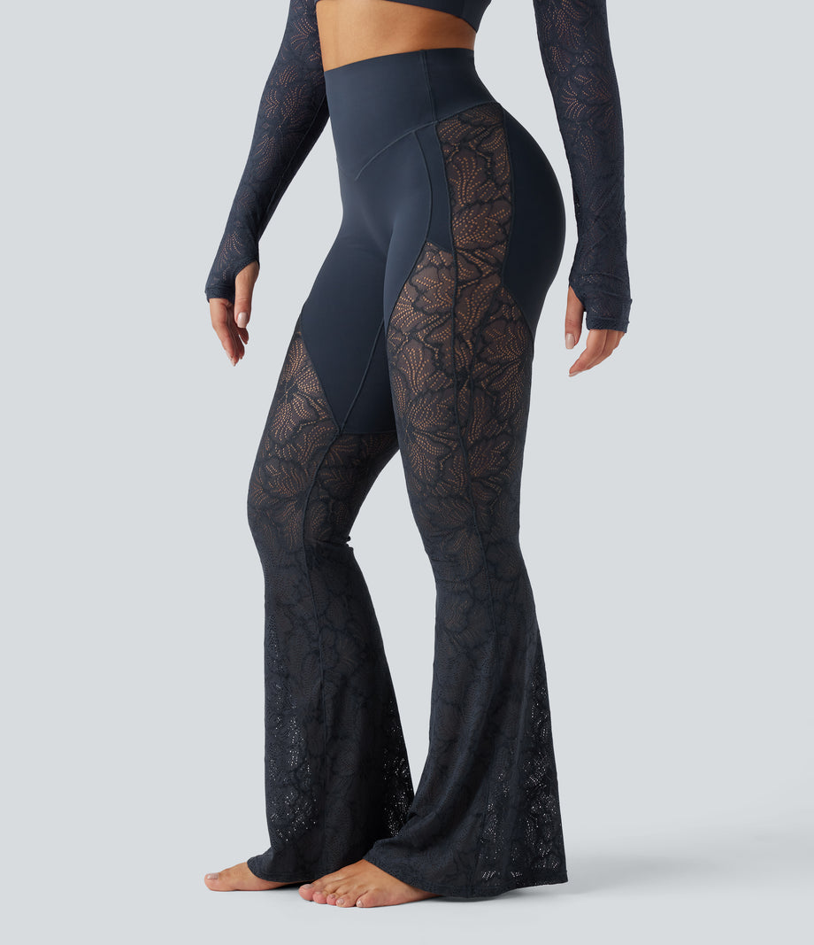 Halara UltraSculpt™ High Waisted Tummy Control Contrast Lace Yoga Flare Leggings with Pocket - Carbon