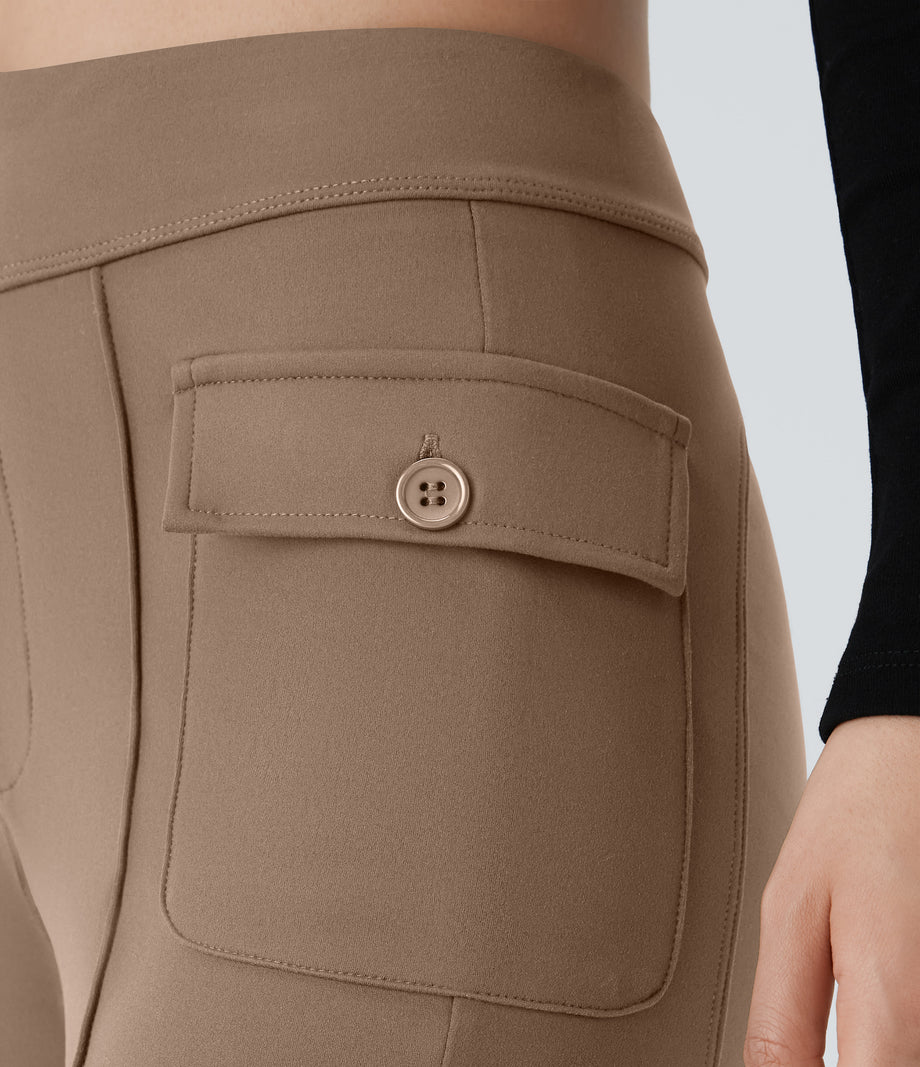 High Waisted Side Flap Pocket Flare Casual Cargo Pants - Burro