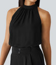 Keyhole Back Halter Sleeveless Curved Hem Work Blouse - Black