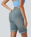 Halara Flex™ High Waisted Pockets Rolled Hem Washed Denim Casual Bermuda Shorts - Blue Surf Denim