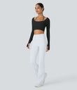 Ribbed Halter Strap Thumb Hole Cropped Yoga Sports Top - Black
