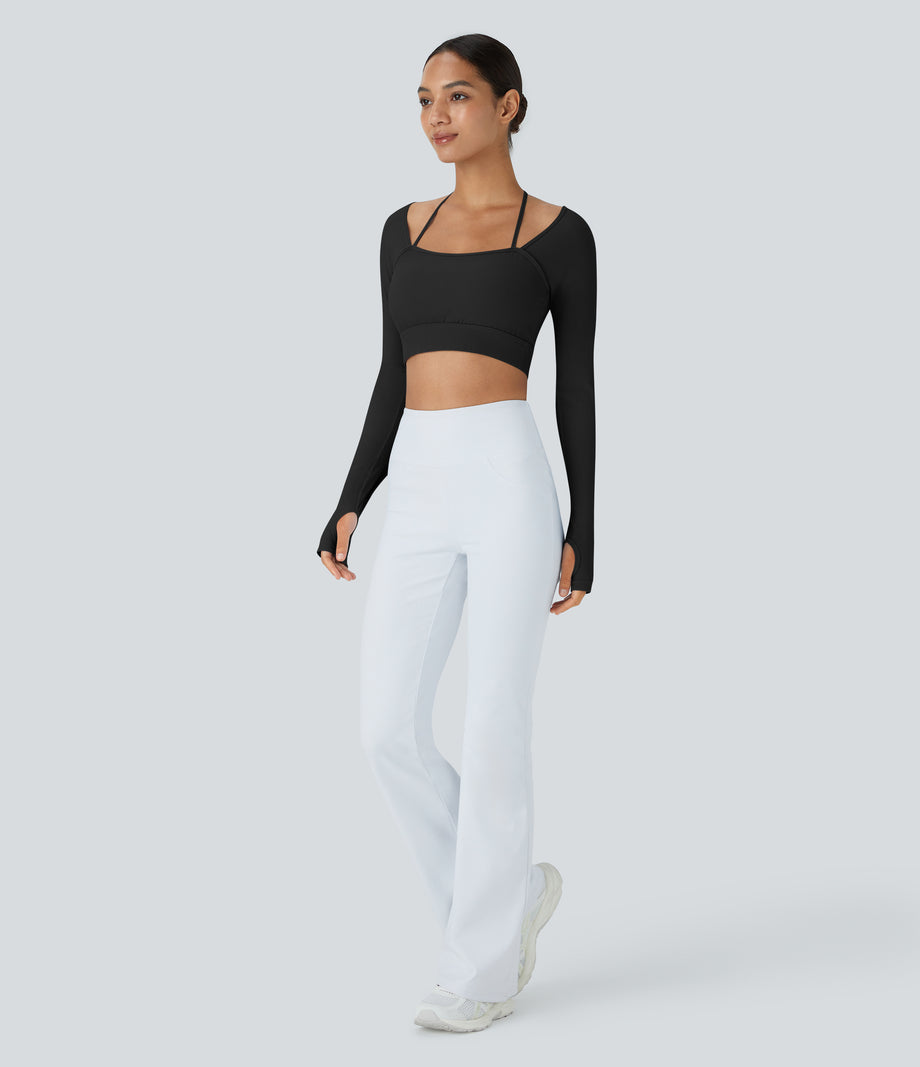 Ribbed Halter Strap Thumb Hole Cropped Yoga Sports Top - Black