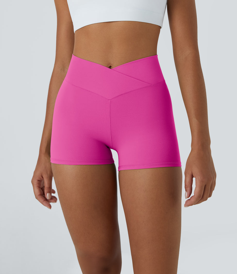 SoftlyZero™ High Waisted Crossover Plain Yoga Biker Shorts 3''-UPF50+ - Fedora Red Purple