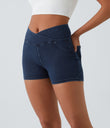 Halara Flex™ High Waisted Crossover Pocket Denim Casual Shorts 3" - Washed Denim Navy Blue