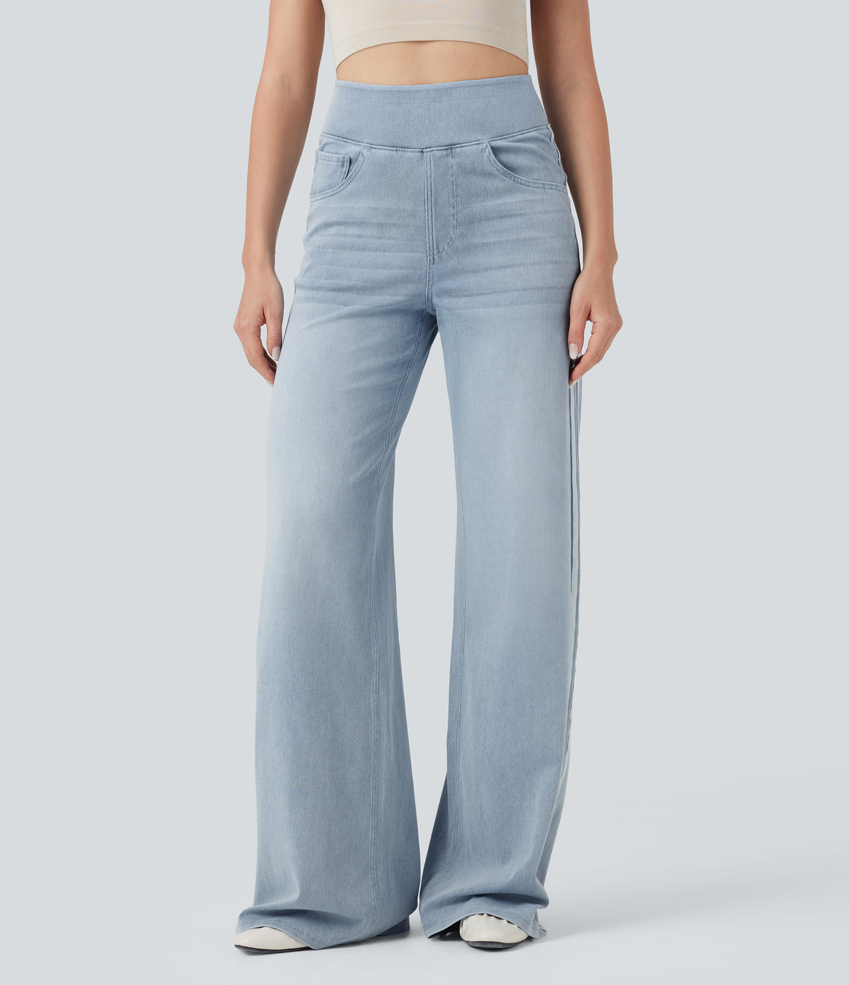 Halara Flex™ High Waisted Stripe Wide Leg Flowy Washed Casual Jeans with Pockets - Ice Water Denim