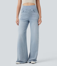 Halara Flex™ High Waisted Stripe Wide Leg Flowy Washed Casual Jeans with Pockets - Ice Water Denim