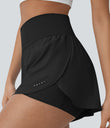 SoftlyZero™ QuickDry High Waisted Tummy Control Reflective Dots Crossover Hem 2-in-1 Running Shorts 3'' with Pockets - Black