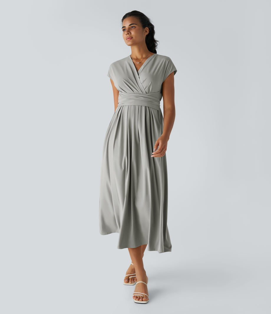Breezeful™ V Neck Short Sleeve Pocket Tie Back Quick Dry Midi Casual Dress-Longer Length - Dust Gray