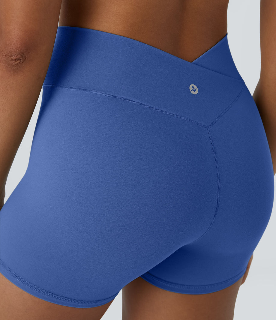SoftlyZero™ High Waisted Crossover Plain Yoga Biker Shorts 3''-UPF50+ - Beaucoup Blue