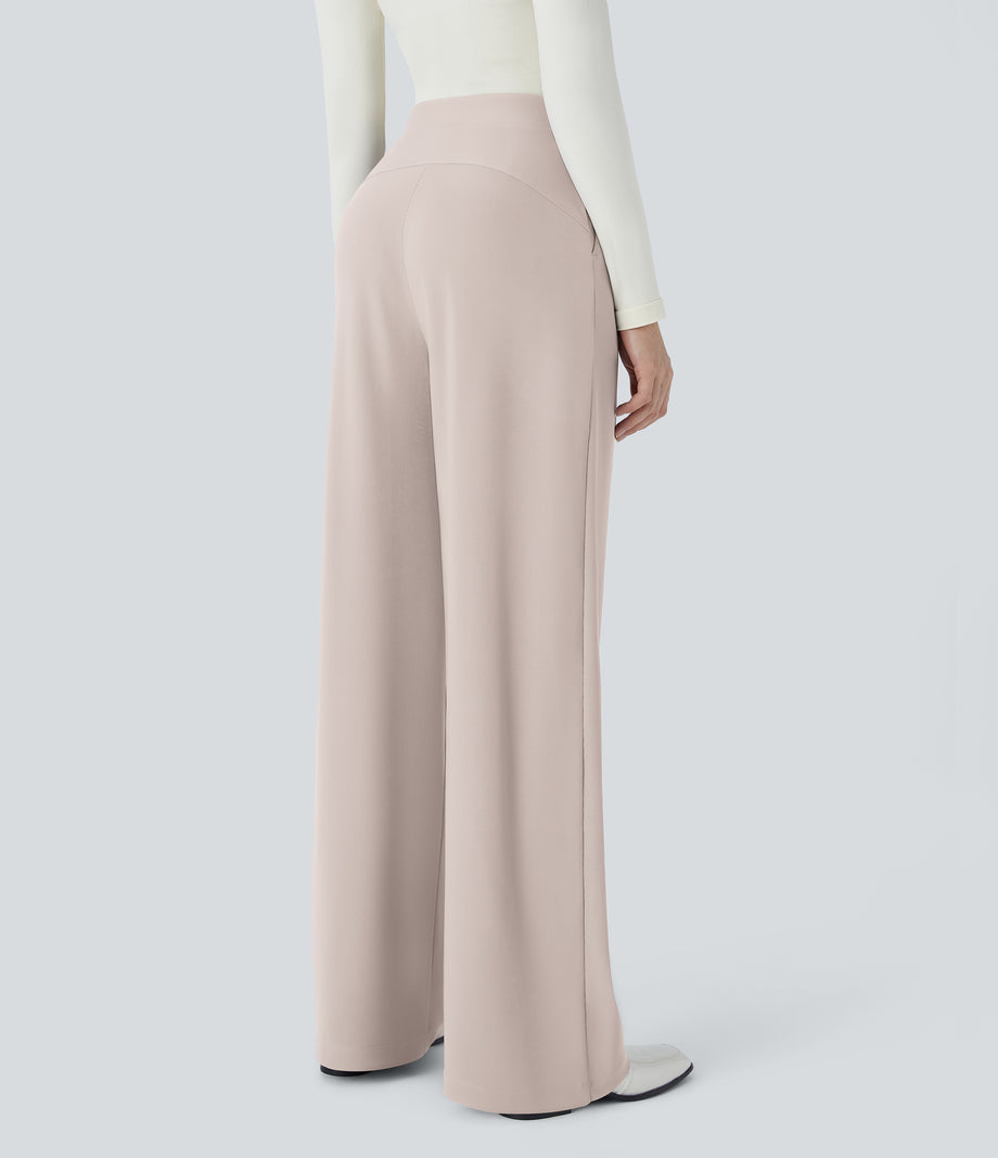 Halara Flex™ High Waisted Body Sculpt Waist-Slimming Pocket Wide Leg Micro Waffle Work Pants - Oat Milk