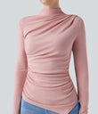 Mock-neck Long Sleeve Ruched Asymmetric Hem Thermal Casual Top - Dirty Pink