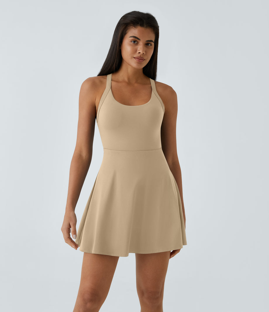 SoftlyZero™ Airy Backless Twisted Flare Low Support Dance Active Dress-Longer Length-Easy Peezy Edition A-D Cups - Curds & Whey