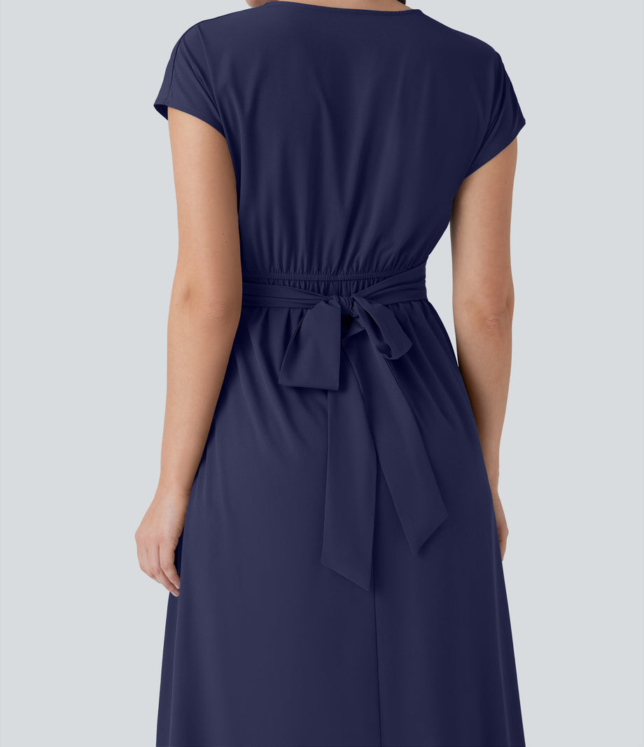Breezeful™ V Neck Short Sleeve Pocket Tie Back Quick Dry Midi Casual Dress - Patriot Blue