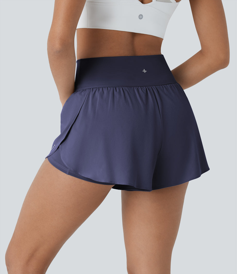 SoftlyZero™ QuickDry High Waisted Tummy Control Reflective Dots Crossover Hem 2-in-1 Running Shorts 3'' with Pockets - Dawn Purple