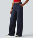 Mid Rise Denim Print French Terry Casual Sweatpants Jeans with Pockets - Pageant Indigo Denim