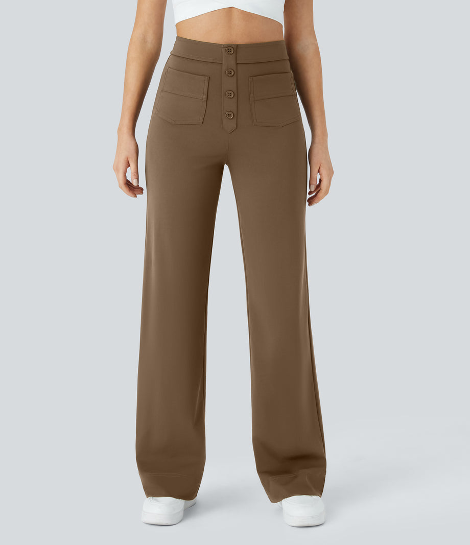 DayStretch High Waisted Pockets Straight Leg Casual Pants - Sepia