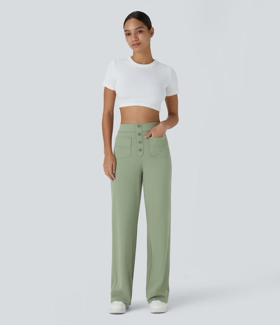 DayStretch High Waisted Pockets Straight Leg Casual Pants - Asparagus