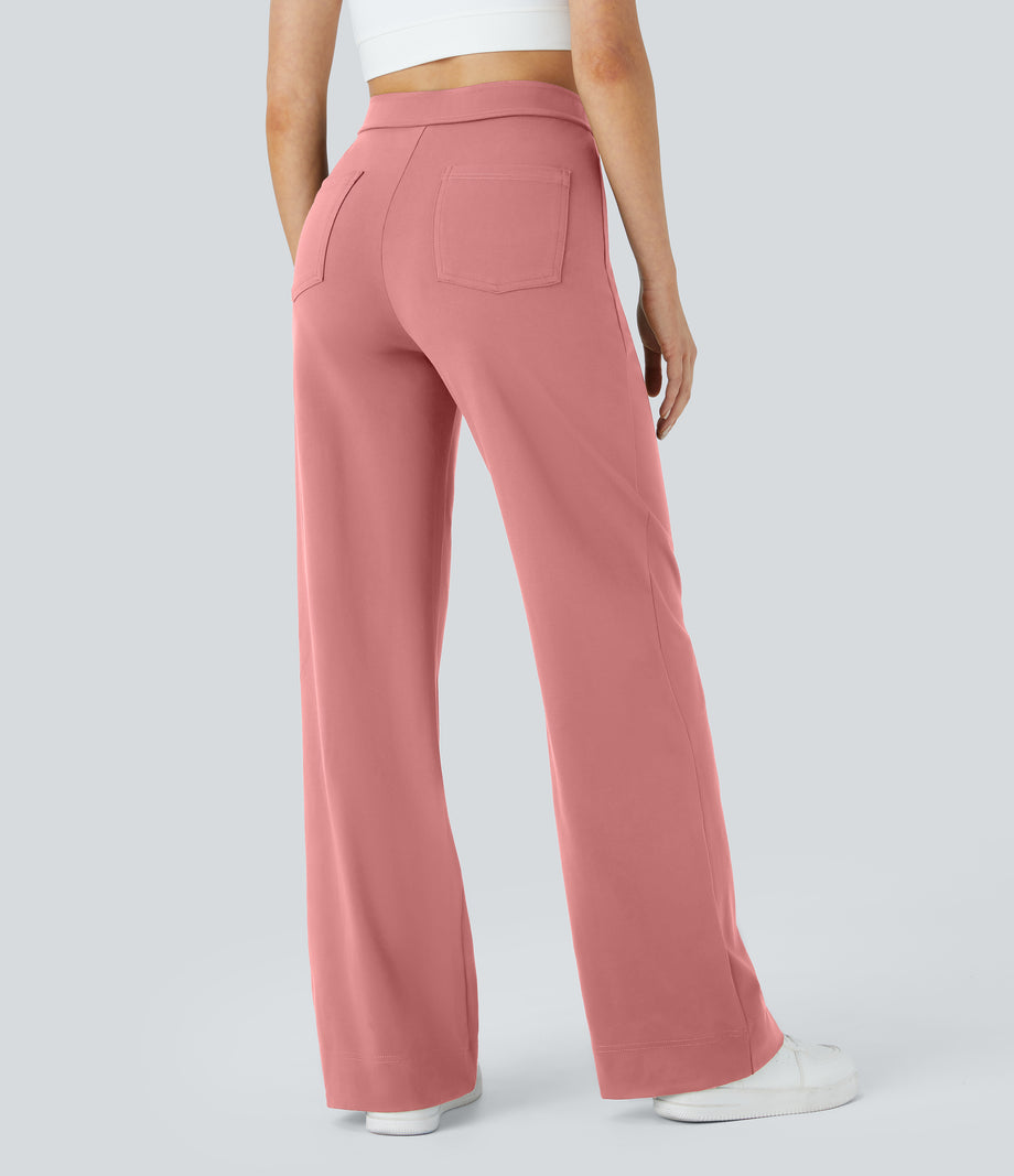 DayStretch High Waisted Pockets Straight Leg Casual Pants - Candy Pink