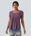 Square Neck Short Sleeve Casual Top - Argyle Purple