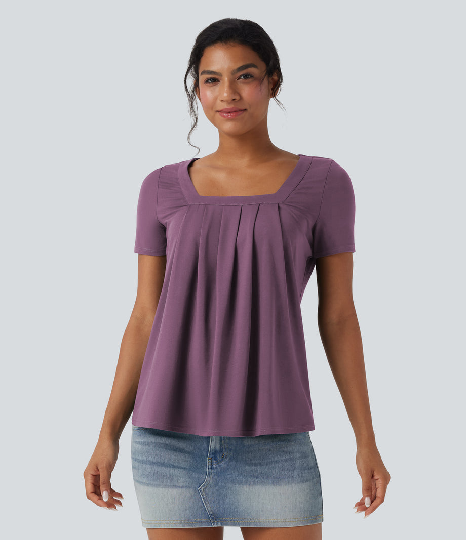 Square Neck Short Sleeve Casual Top - Argyle Purple