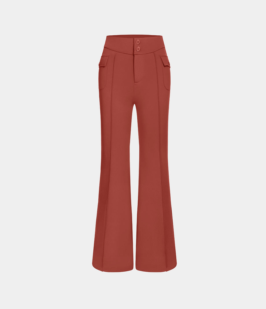 High Waisted Side Flap Pocket Flare Casual Cargo Pants - Cinnabar