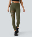 DayStretch High Waisted Crossover Contrast Mesh Decorative Buckle Yoga Leggings - Forest Night
