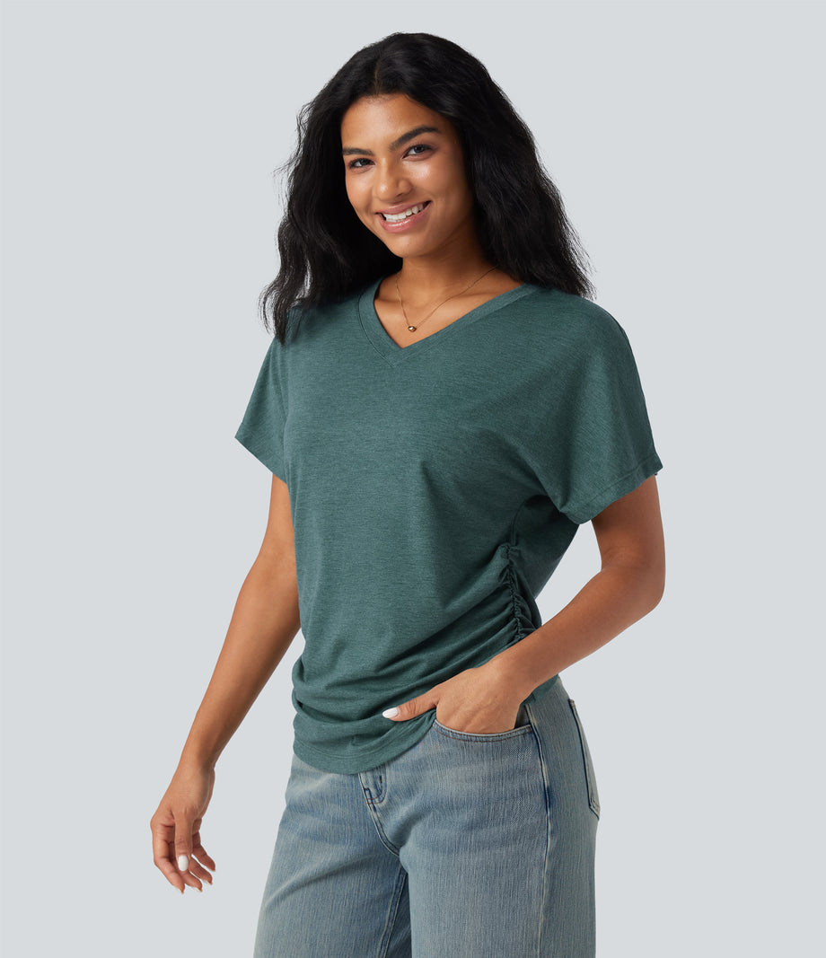 V-neck Short Sleeve Ruched Relaxed Casual Top - Jade Green Floral Yarn