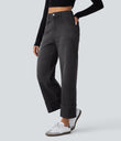 Halara Flex™ High Waisted Pockets Rolled Hem Wide Leg Washed Casual Jeans - Deep Ink Black Denim