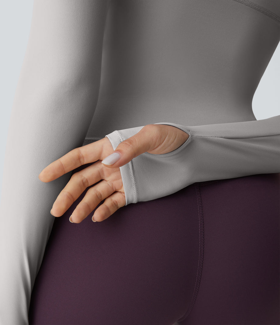 Solid Thumb Hole Yoga Sports Top - Mist Grey