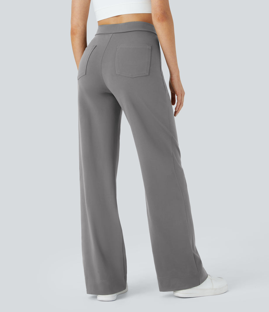 DayStretch High Waisted Pockets Straight Leg Casual Pants - Silent Storm