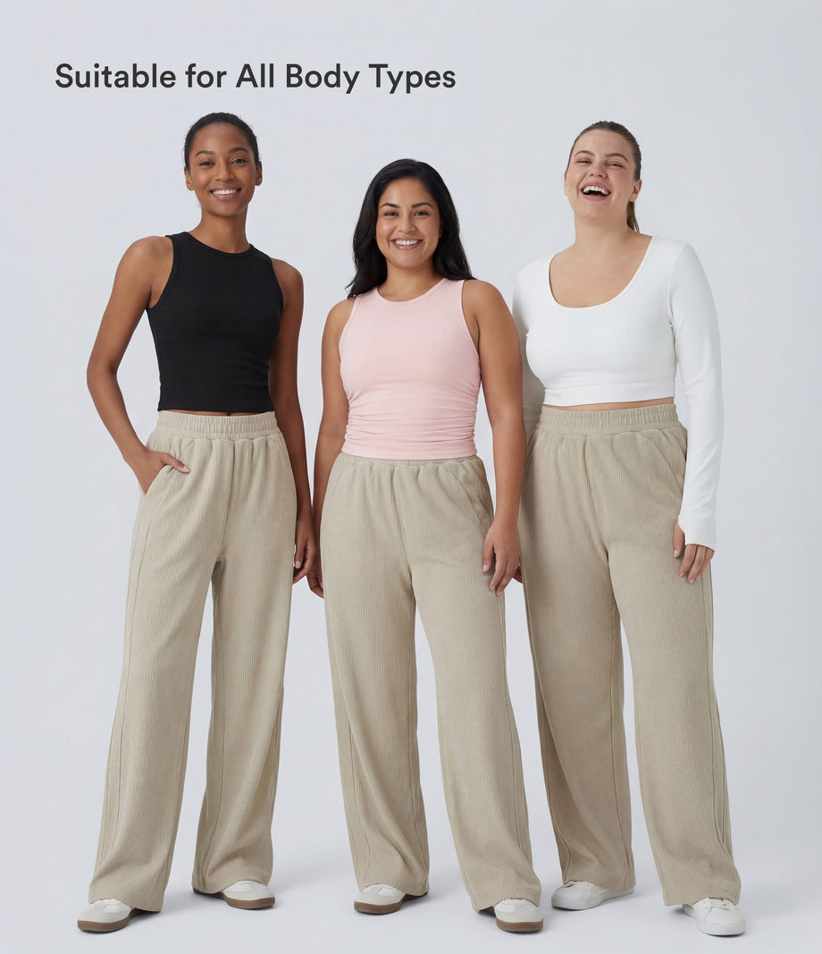 High Waisted Pocket Straight Leg Baggy Mop Corduroy Casual Pants - Almond Milk