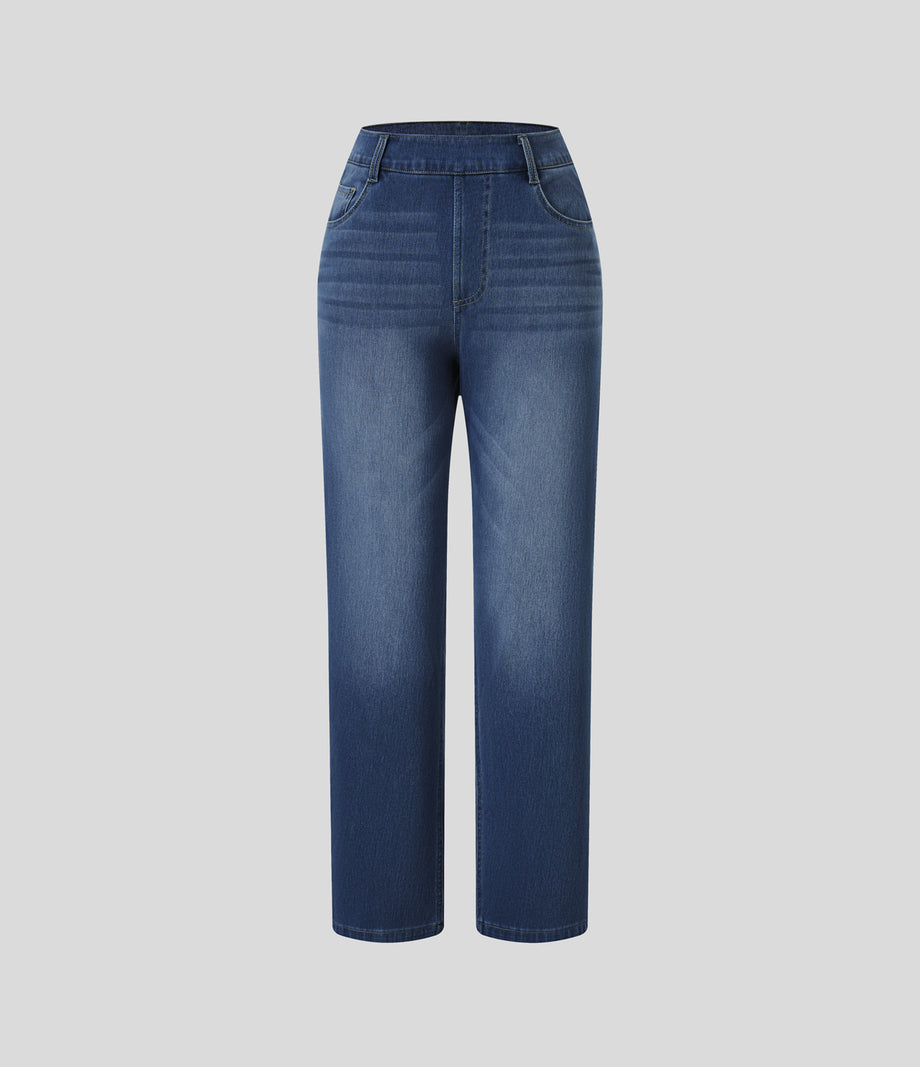 Halara Flex™ High Waisted Pockets Straight Leg Washed Casual Jeans - Distressed Denim Dark Blue