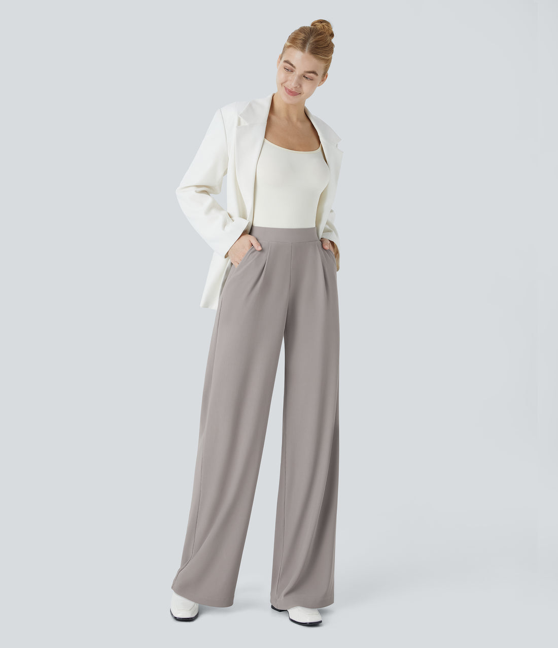 Halara Flex™ High Waisted Body Sculpt Waist-Slimming Pocket Wide Leg Micro Waffle Work Pants - Satellite