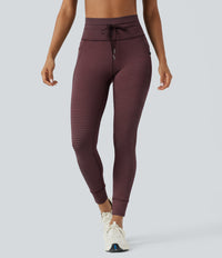 High Waisted Drawstring Striped Yoga Leggings with Pockets - Burgundy Wine
