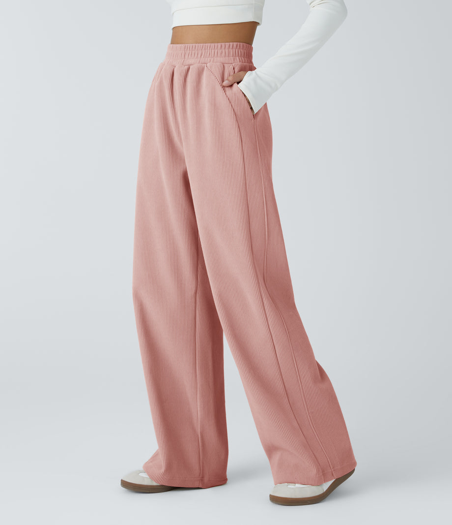 High Waisted Pocket Straight Leg Baggy Mop Corduroy Casual Pants - Rosette
