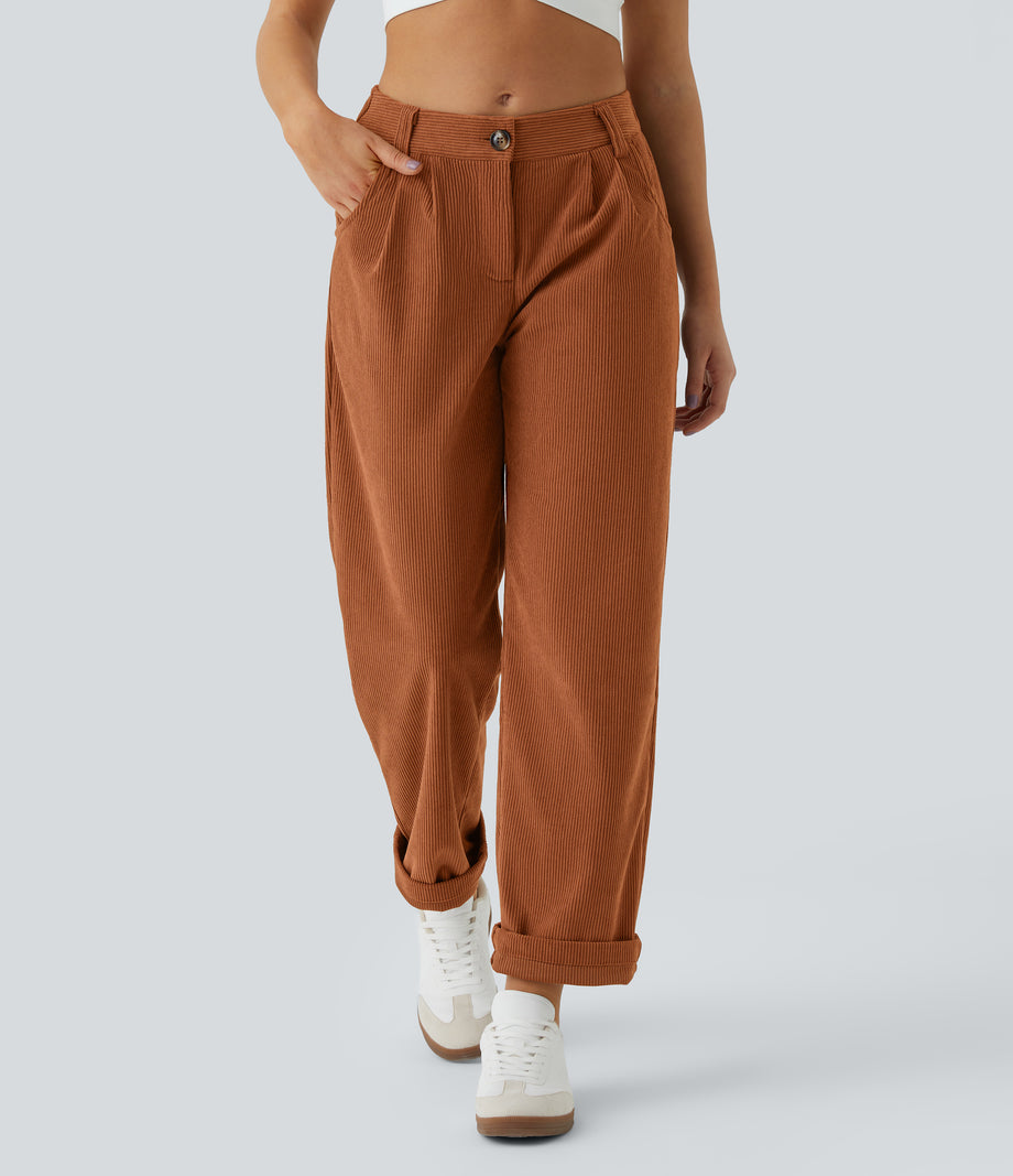 Mid Rise Zipper Pocket Corduroy Casual Pants - Baked Clay