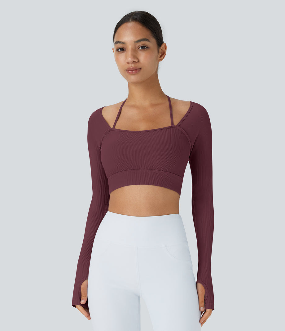 Ribbed Halter Strap Thumb Hole Cropped Yoga Sports Top - Maroon Banner