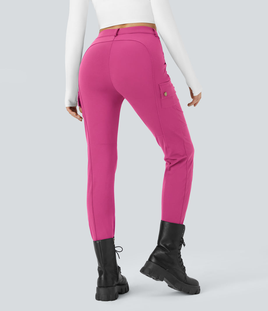DayStretch High Waisted Zipper Pockets Solid Skinny Cargo Pants - Raspberry Rose