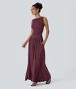 Ribbed Boat Neck Asymmetric Strap Ruched Pocket Flowy Maxi Casual Dress - Maroon Banner