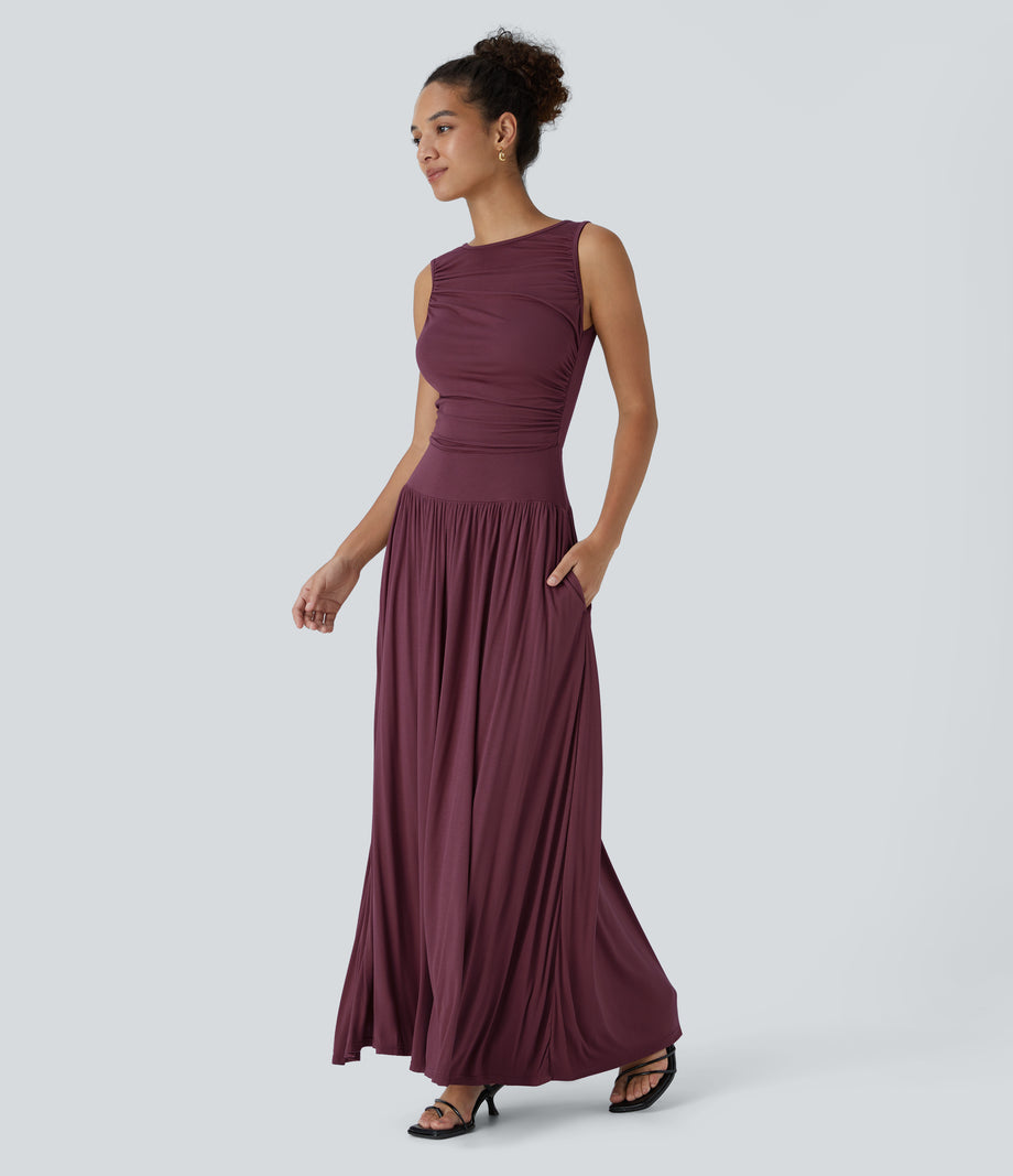 Ribbed Boat Neck Asymmetric Strap Ruched Pocket Flowy Maxi Casual Dress - Maroon Banner
