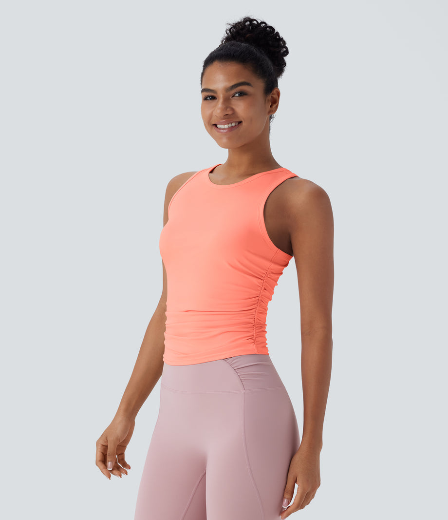 Round Neck Racerback Ruched Yoga Tank Top - Fusion Coral