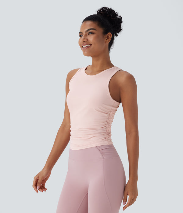 Round Neck Racerback Ruched Yoga Tank Top - Veiled Pink