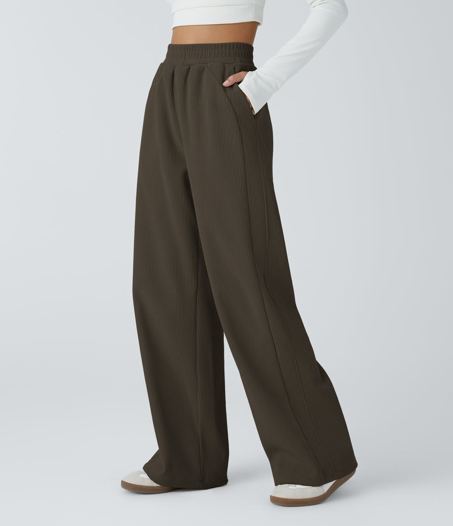 High Waisted Pocket Straight Leg Baggy Mop Corduroy Casual Pants - Hemp Rope Brown