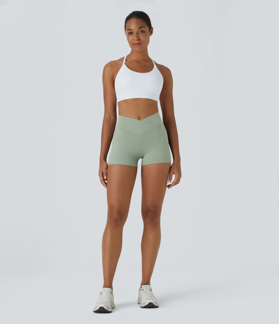 SoftlyZero™ High Waisted Crossover Plain Yoga Biker Shorts 3''-UPF50+ - Asparagus