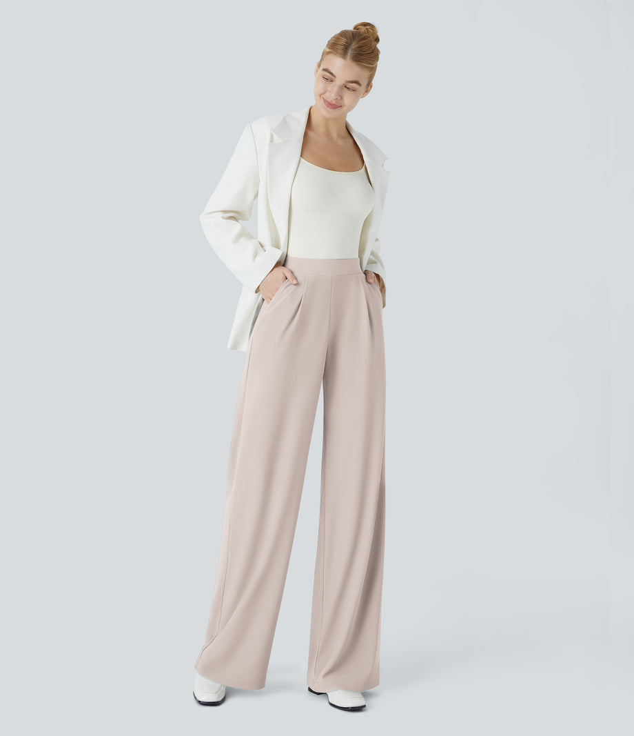 Halara Flex™ High Waisted Body Sculpt Waist-Slimming Pocket Wide Leg Micro Waffle Work Pants - Oat Milk