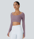 Ribbed Halter Strap Thumb Hole Cropped Yoga Sports Top - Fragrant Purple