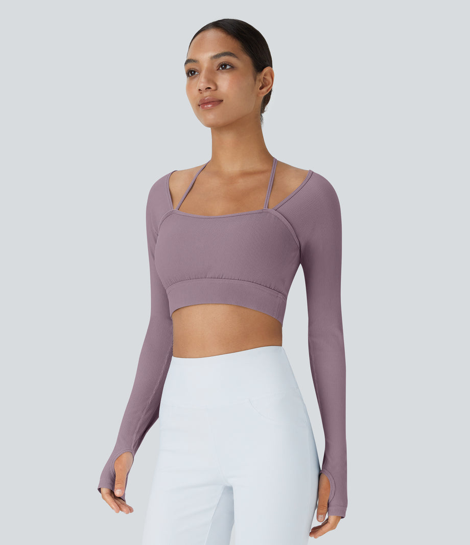 Ribbed Halter Strap Thumb Hole Cropped Yoga Sports Top - Fragrant Purple