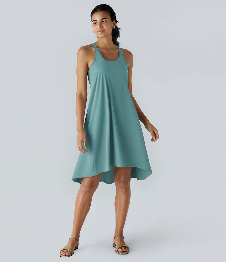 Breezeful™ Backless Racerback Side Pocket High Low Flowy Midi Quick Dry Casual Dress - Stone Blue
